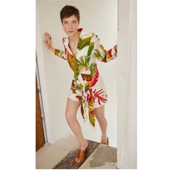 FARM Rio Spring Forest Floral Front Wrap Long Sleeve Shirt Mini Dress NEW Small - Picture 2 of 14